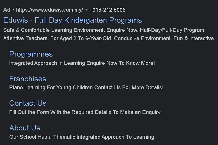 Google ads of a preschool company