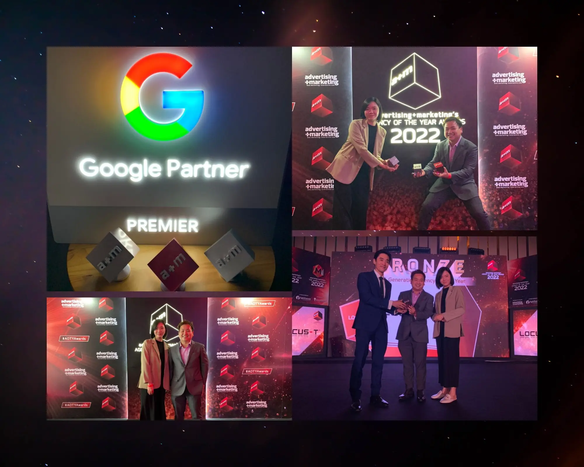 people standing on stage with awards on hands