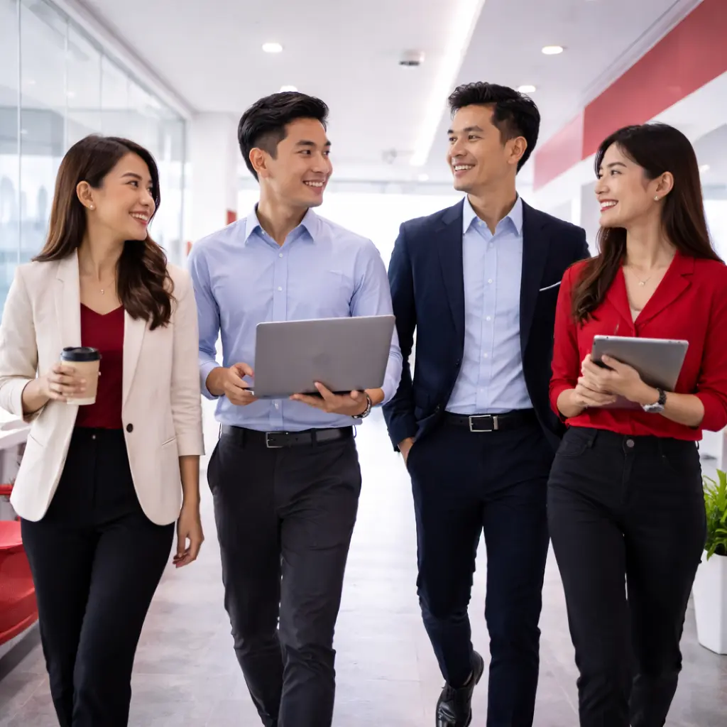 LOCUS-T team of professionals collaborating in office, showcasing company culture, teamwork and digital marketing expertise