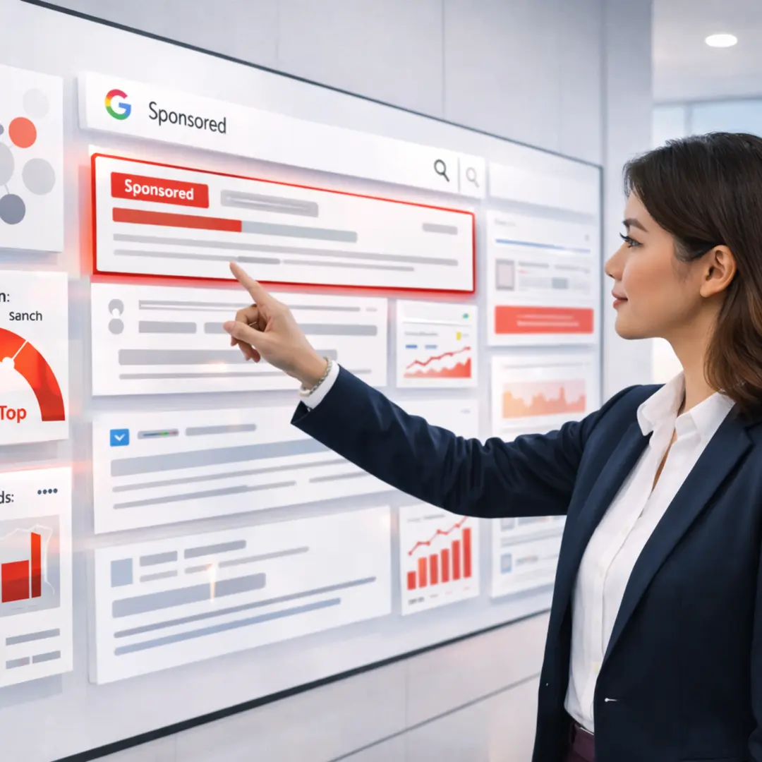 Digital marketer managing Google Search Ads campaign as a Google Premier Partner, optimising sponsored listings and performance analytics dashboard