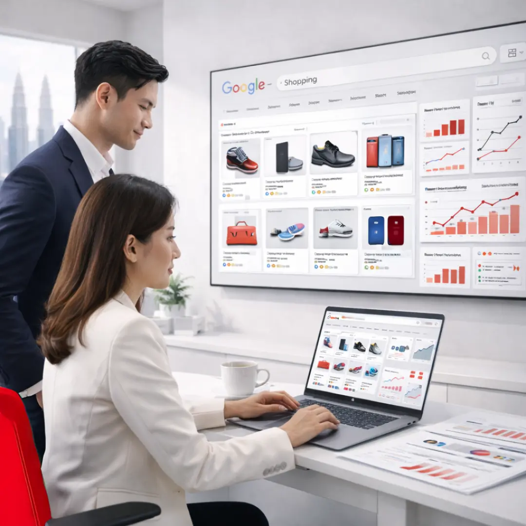 Team managing advertising through Google with Google Shopping ads dashboard, product listings, campaign performance and eCommerce analytics on screen
