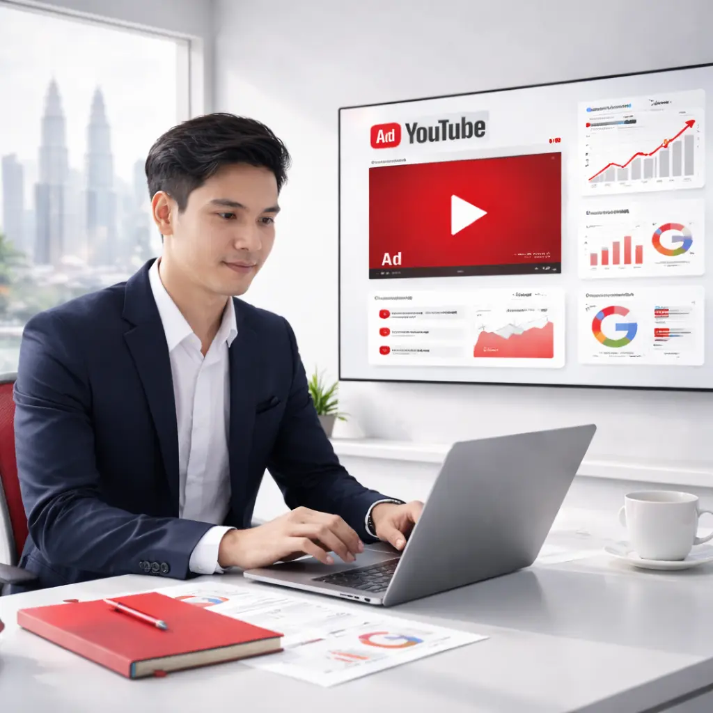 Digital marketer managing YouTube marketing service and YouTube advertising service with video ad campaign dashboard, analytics and performance tracking on screen