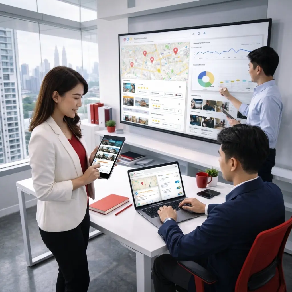 Team managing GBP Service and Google Business Profile listings with analytics dashboard, local SEO performance tracking and business optimisation strategy