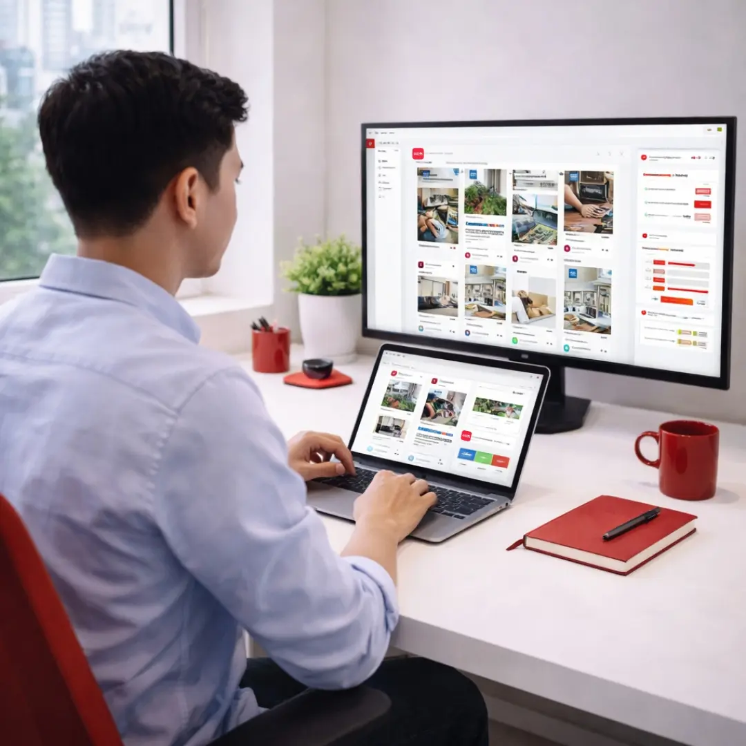 Man managing XHS ads and Red Note Ads campaign on laptop and monitor, digital marketing dashboard and social media advertising setup