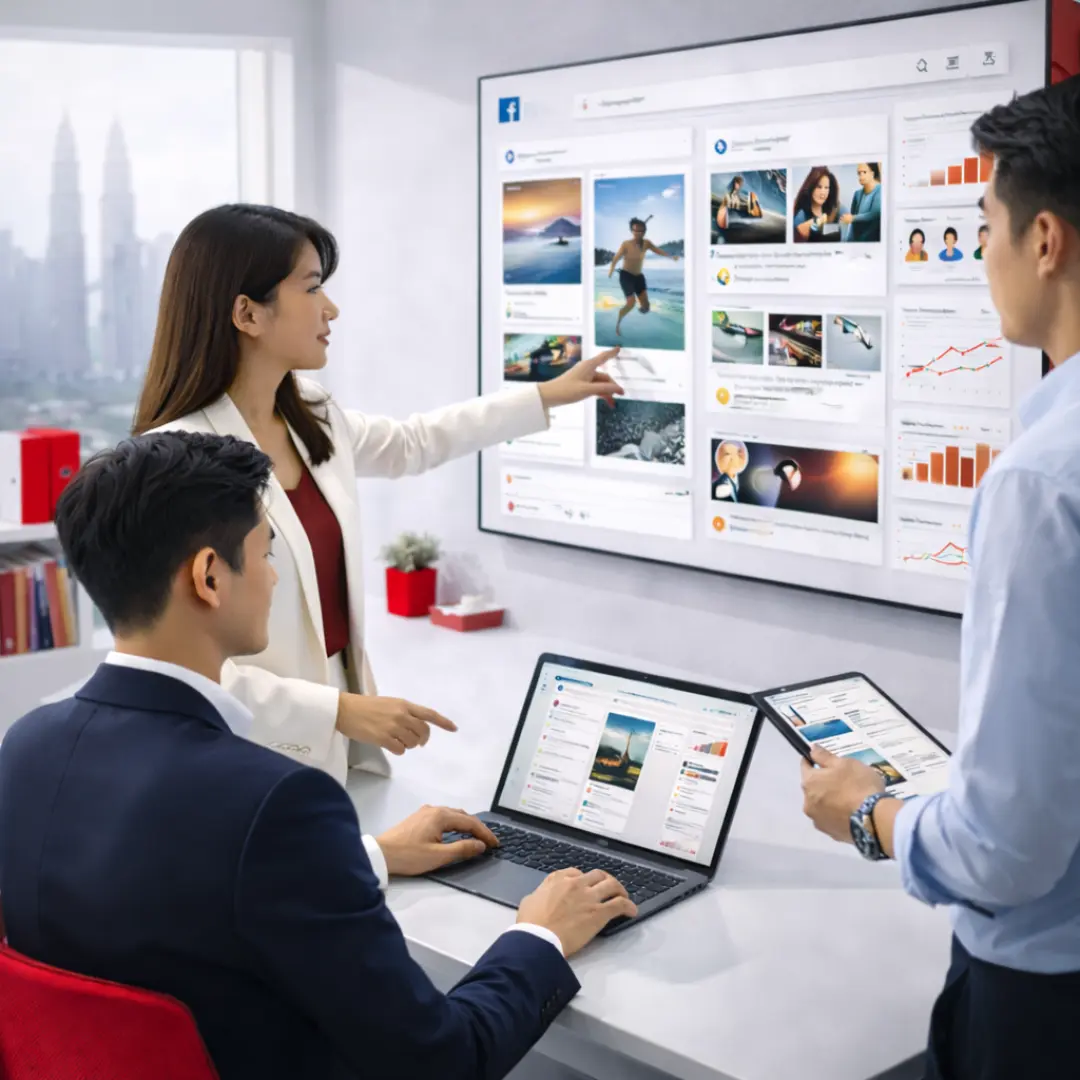 Team managing advertising through Facebook with data-driven strategy, showcasing Facebook marketing services, campaign optimization, and social media advertising performance analytics