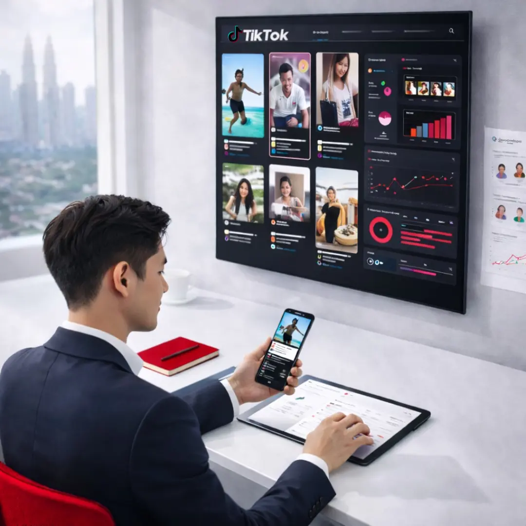 Marketing professional managing advertising through TikTok with analytics dashboard, showcasing TikTok marketing agency services, campaign performance tracking, and social media ad optimization
