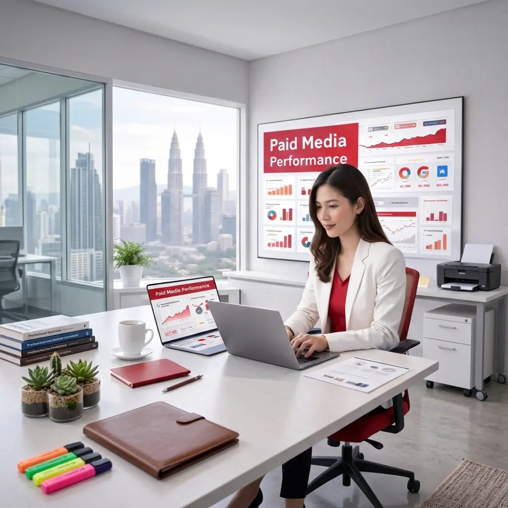 Marketing professional managing PPC ads and PPC advertising campaigns on laptop with paid media performance dashboard and analytics reports in office setting