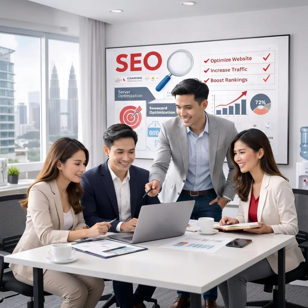 Team discussing Google search engine optimization and search engine marketing strategy with SEO analytics dashboard, keyword performance and website ranking growth