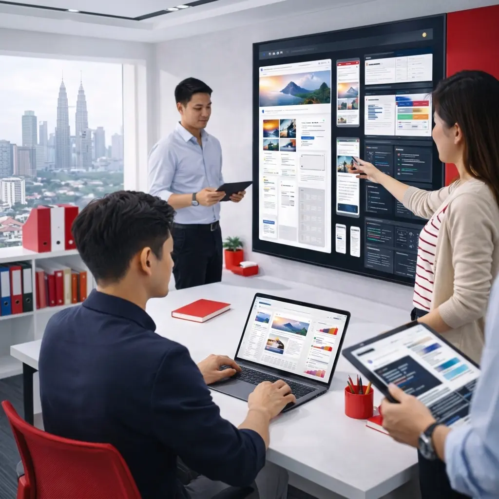 Team collaborating on website design and development services with UI dashboard, wireframes and WordPress Development workflow on screens in modern office
