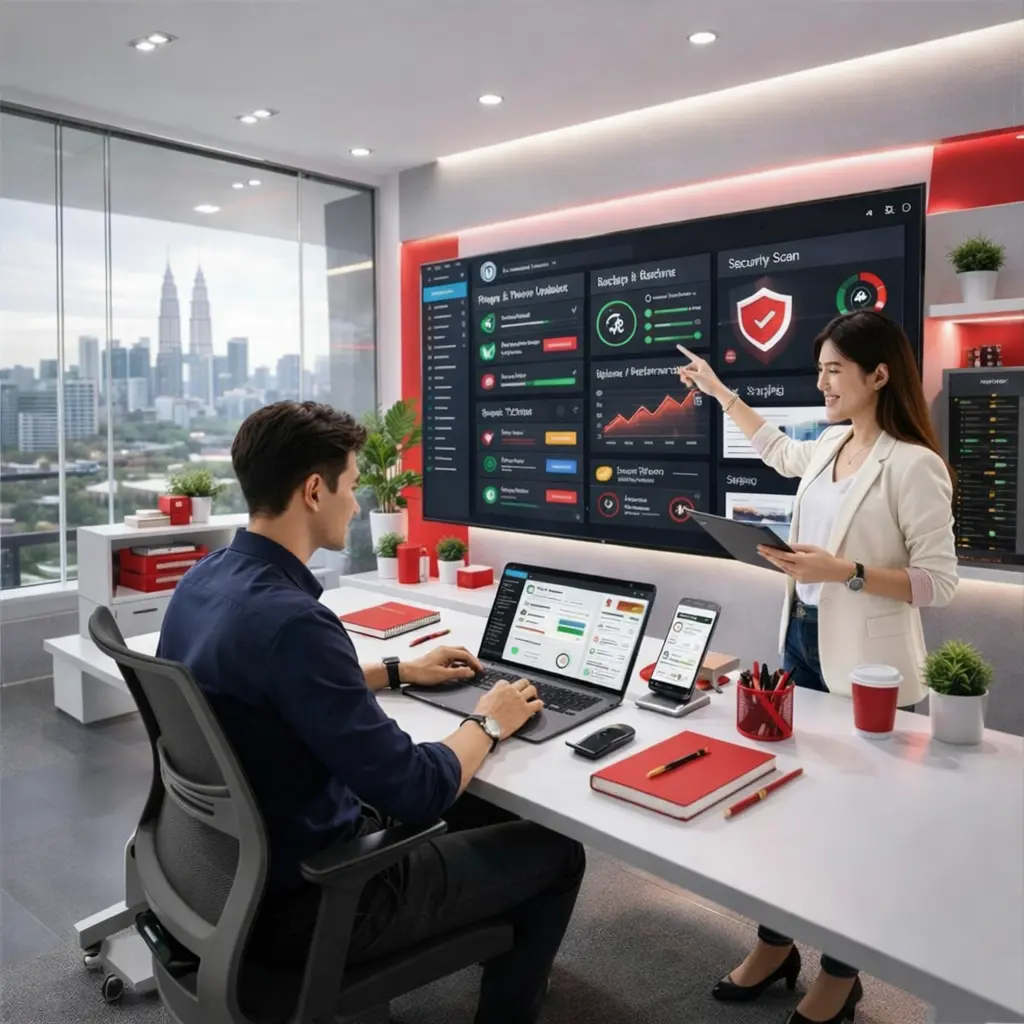 Team performing WordPress CMS maintenance and WordPress maintenance tasks with website security dashboard, performance monitoring and system updates in office setting