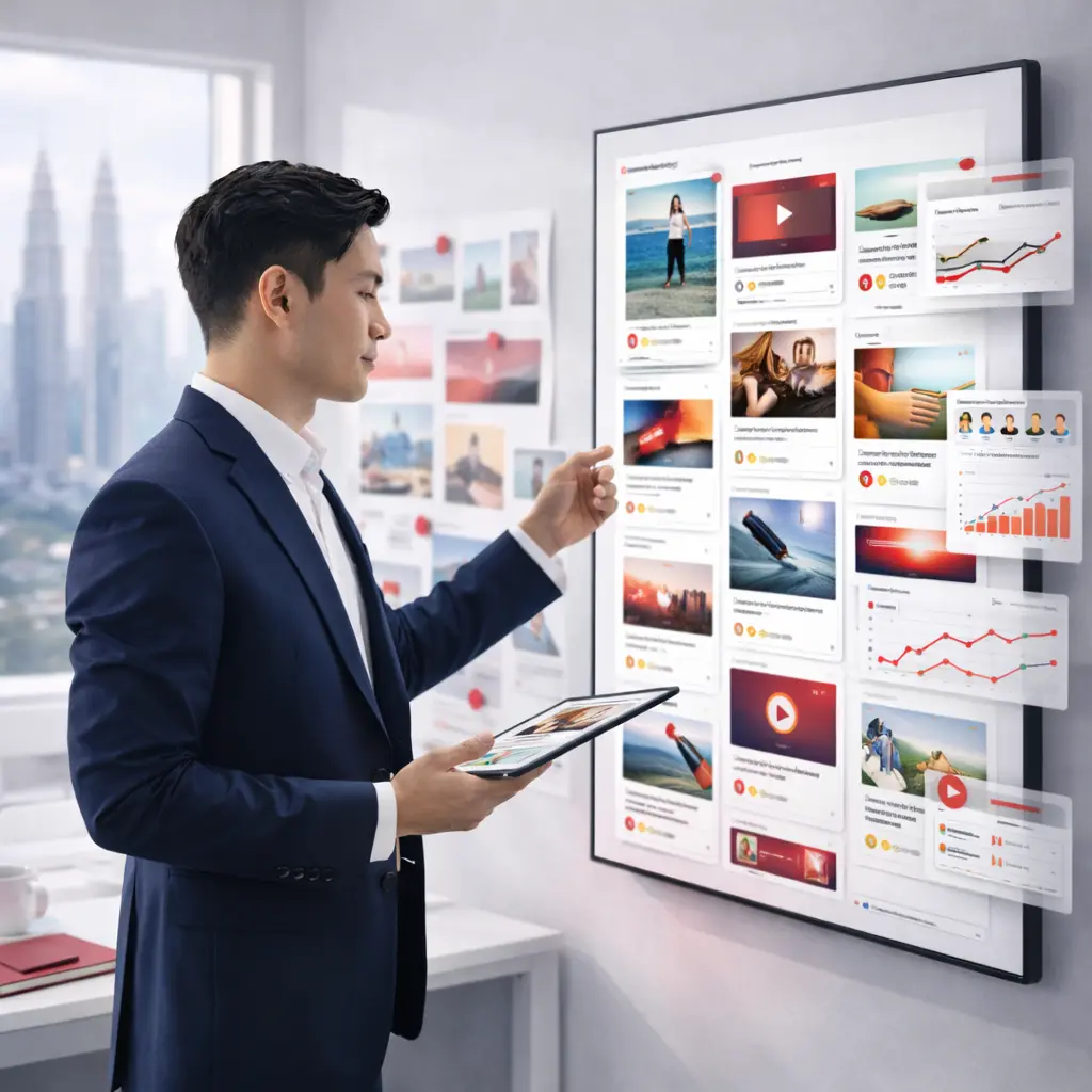 Digital marketer managing GDN ads Malaysia campaign with display advertising dashboard, audience targeting and performance analytics on screen
